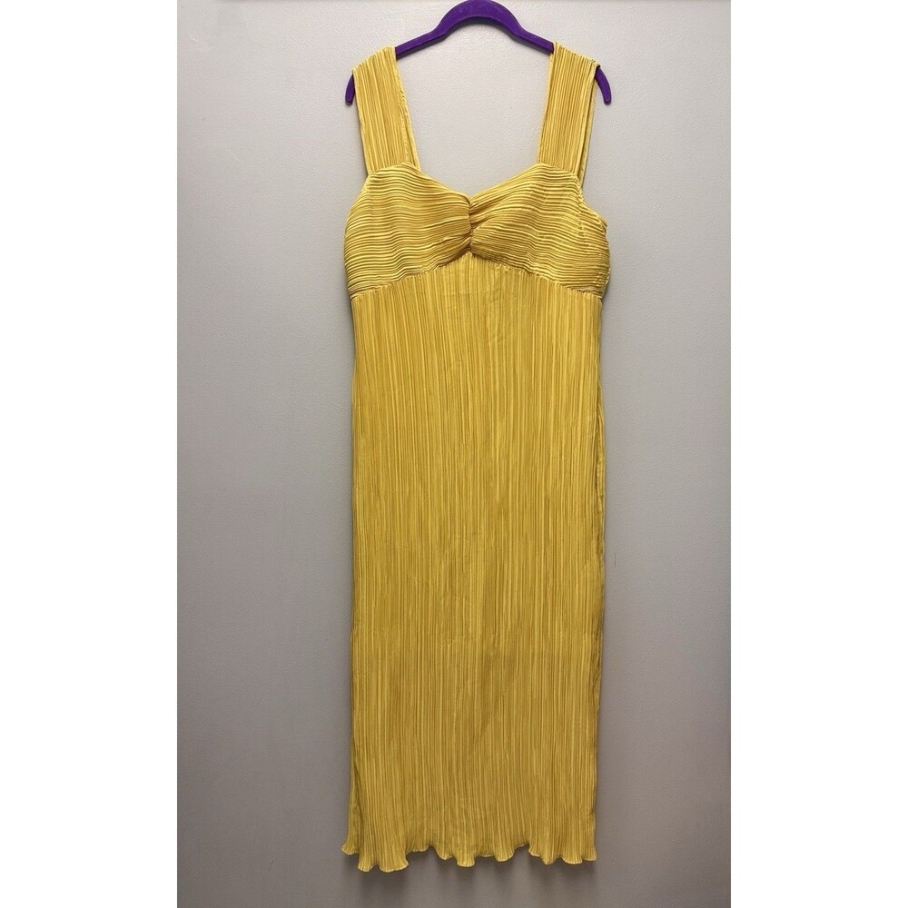 Anthropologie Yellow Pleated Tank Maxi Dress Size L Back Zip Textured Sleeveless